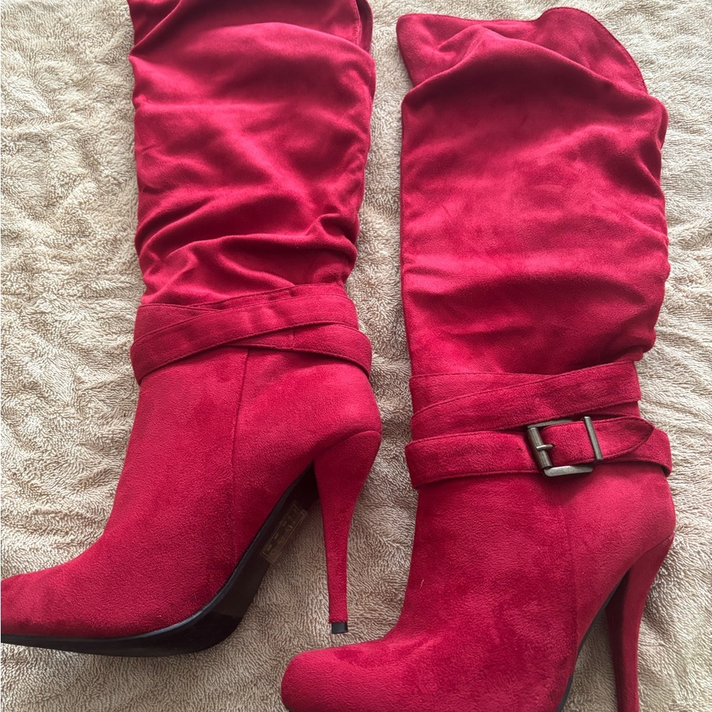 Shoe Dazzle Red Suede Slouch Stiletto Boots with Buckle Strap